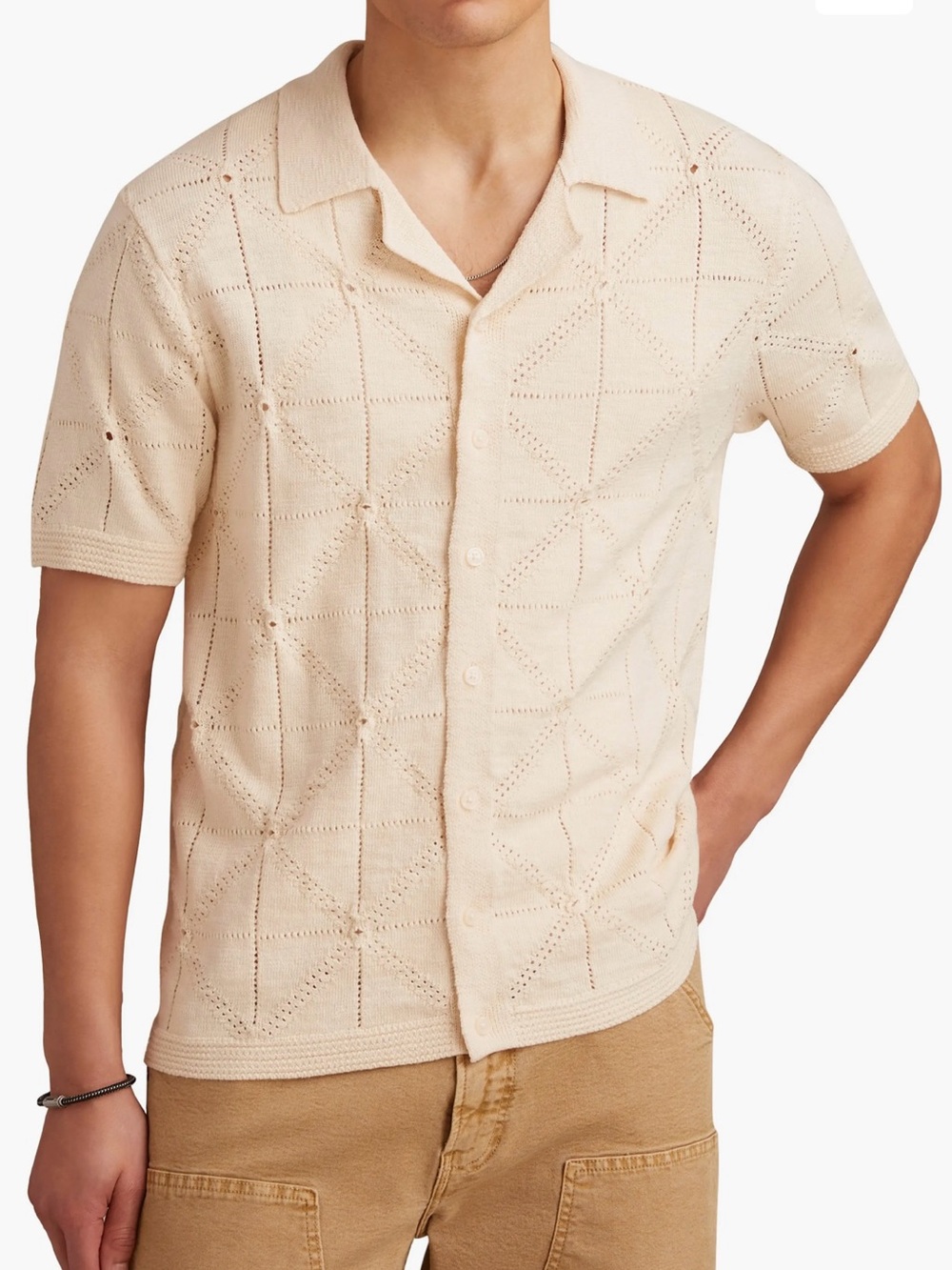 NWT Lucky Brand Mens Cream Diamond Pointelle Knit Short Sleeve Sweater Button L